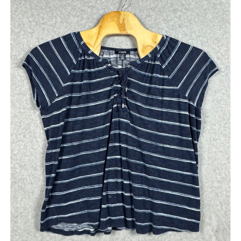 Chaps Blouse Womens 2X Blue Striped Fair Lace Up Short Sleeve Top RN 41381
